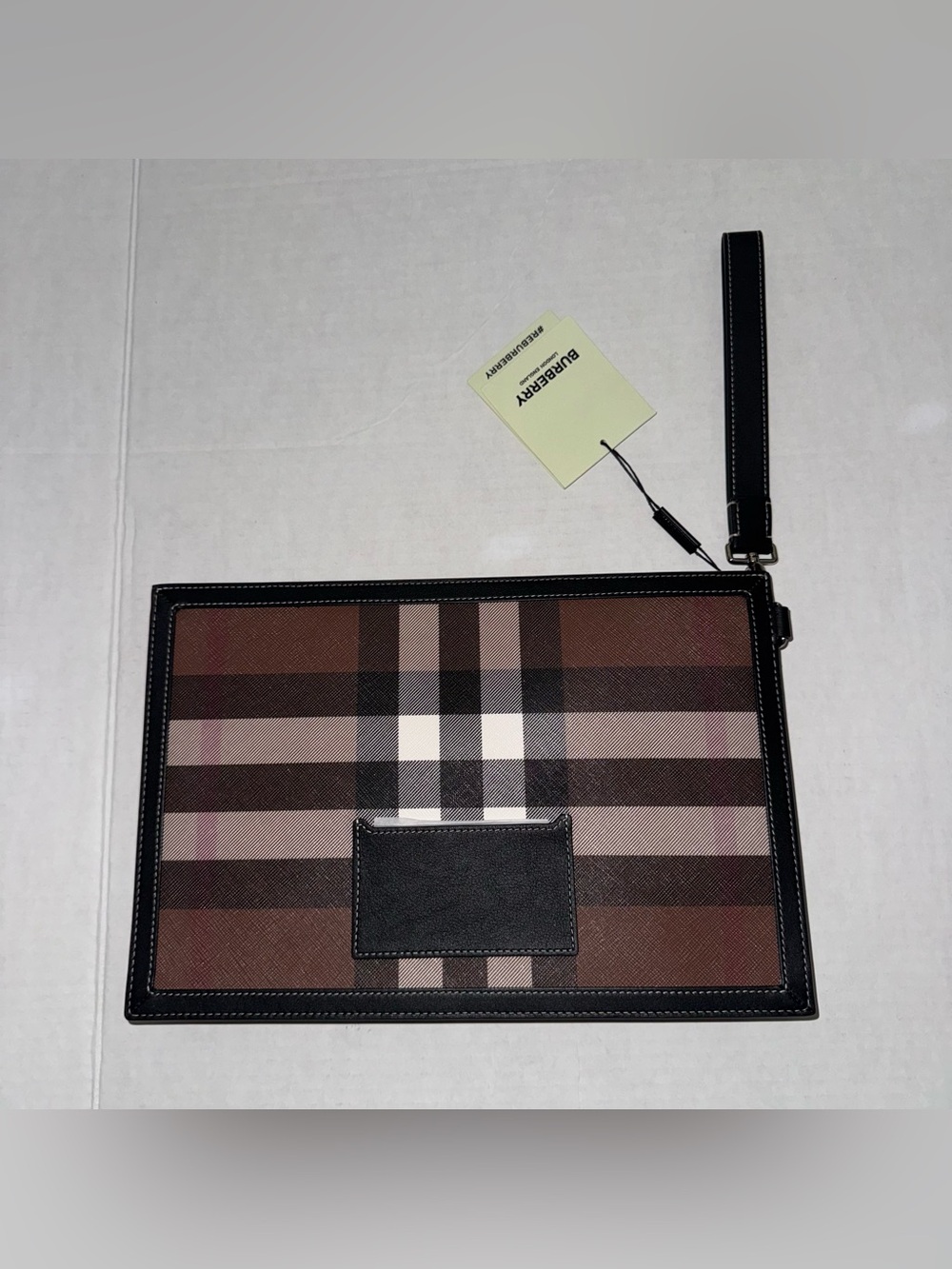New! Burberry Frame Check-Print Wristlet Pouch - Dark Birch Brown